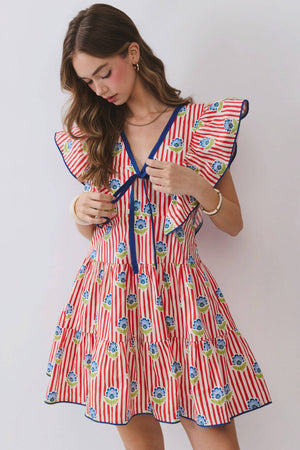 Stripe Floral Print Ruffle Mini Dress