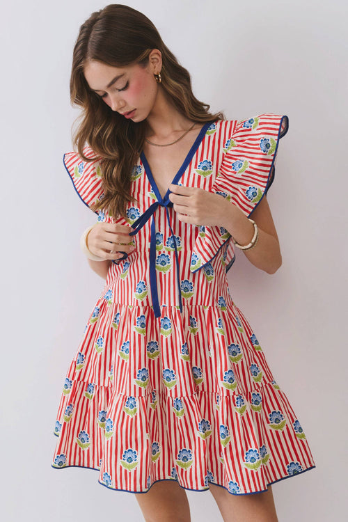 Stripe Floral Print Ruffle Mini Dress