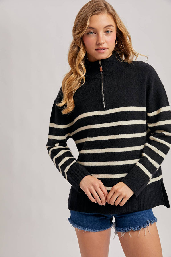 Black/White Quarter Zip UP Striped Pullover