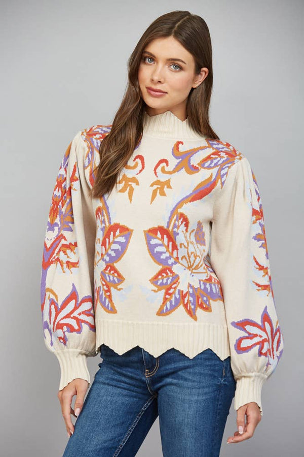 Floral and Leaf Motif Jacquard Sweater