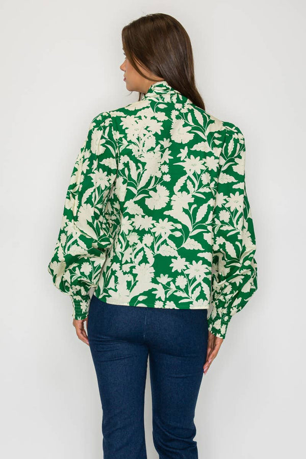 Rich Green Jacobean Print Bow Tie  Blouse