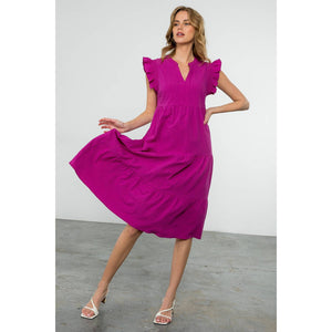 Ruffle Sleeve Tiered Dress- Fuschia