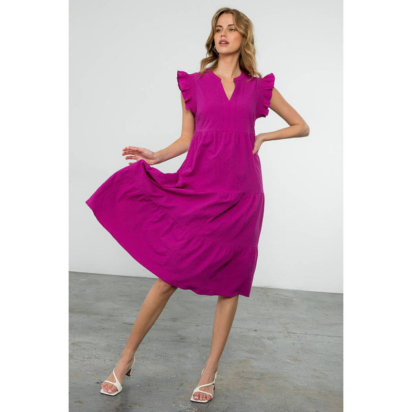 Ruffle Sleeve Tiered Dress- Fuschia