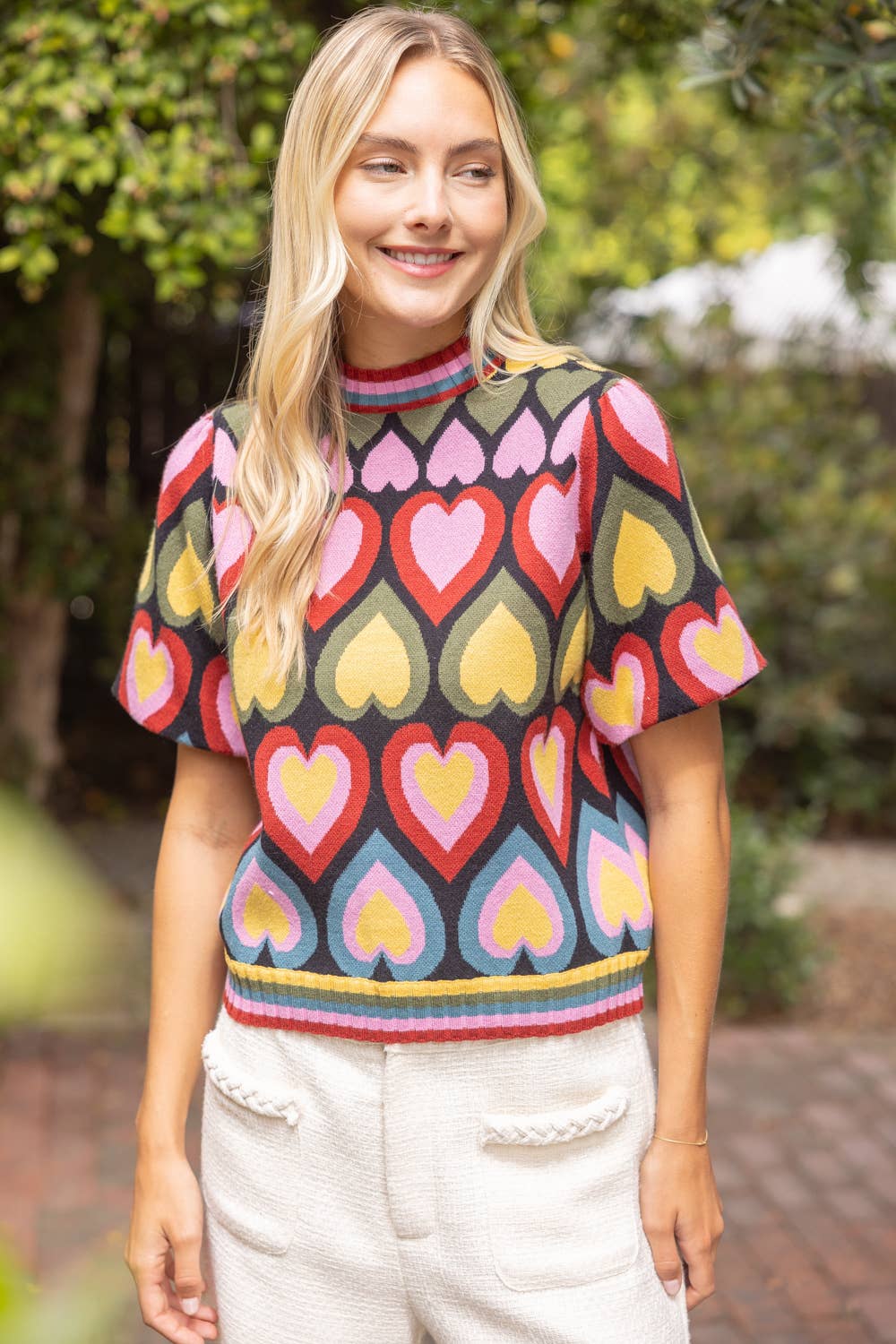 36945 Short Bubble Sleeve Heart Print Knit Top