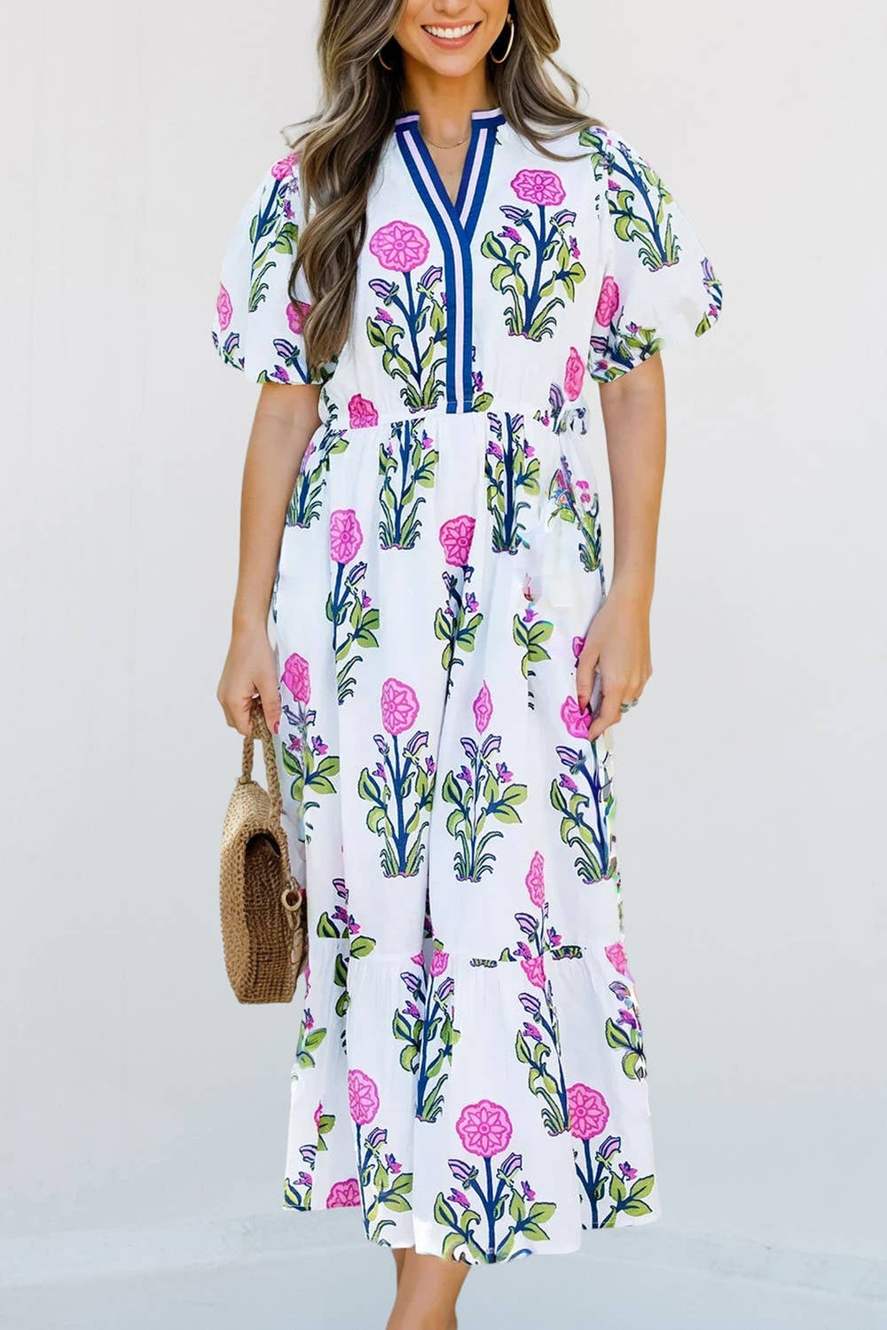 Floral Puff Maxi Dress- Pink/White