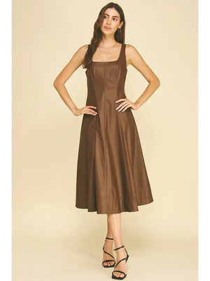 Faux Leather A-Line Midi Dress