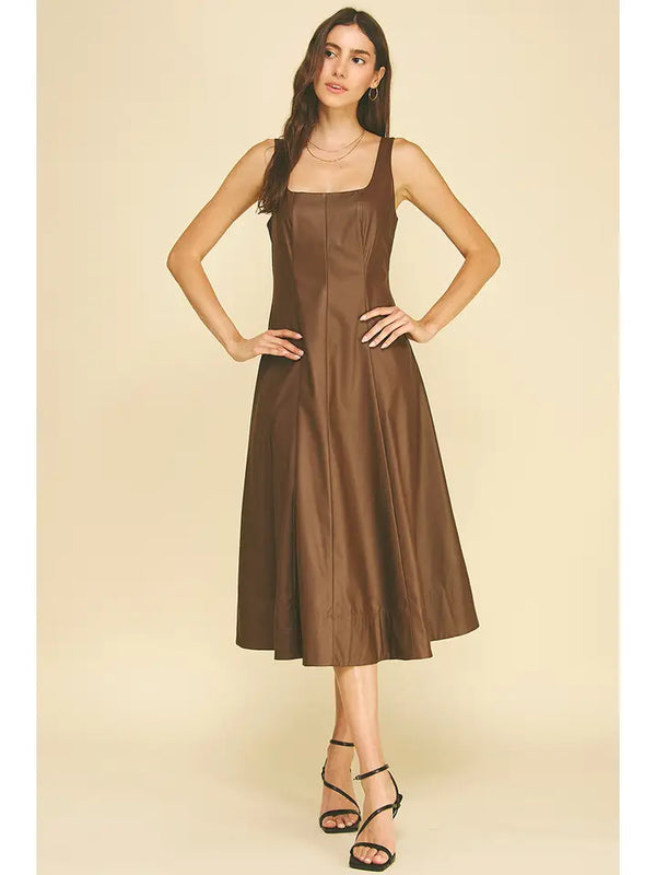 Faux Leather A-Line Midi Dress