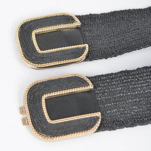Faux Straw Two Buckles Elastic Belt