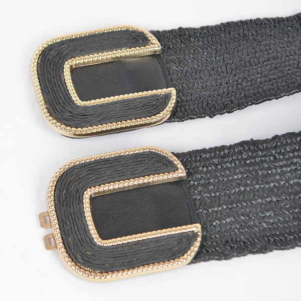 Faux Straw Two Buckles Elastic Belt