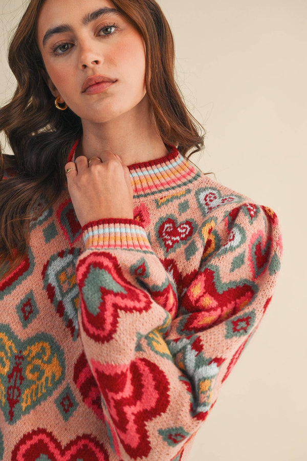 Heart pattern pullover sweater