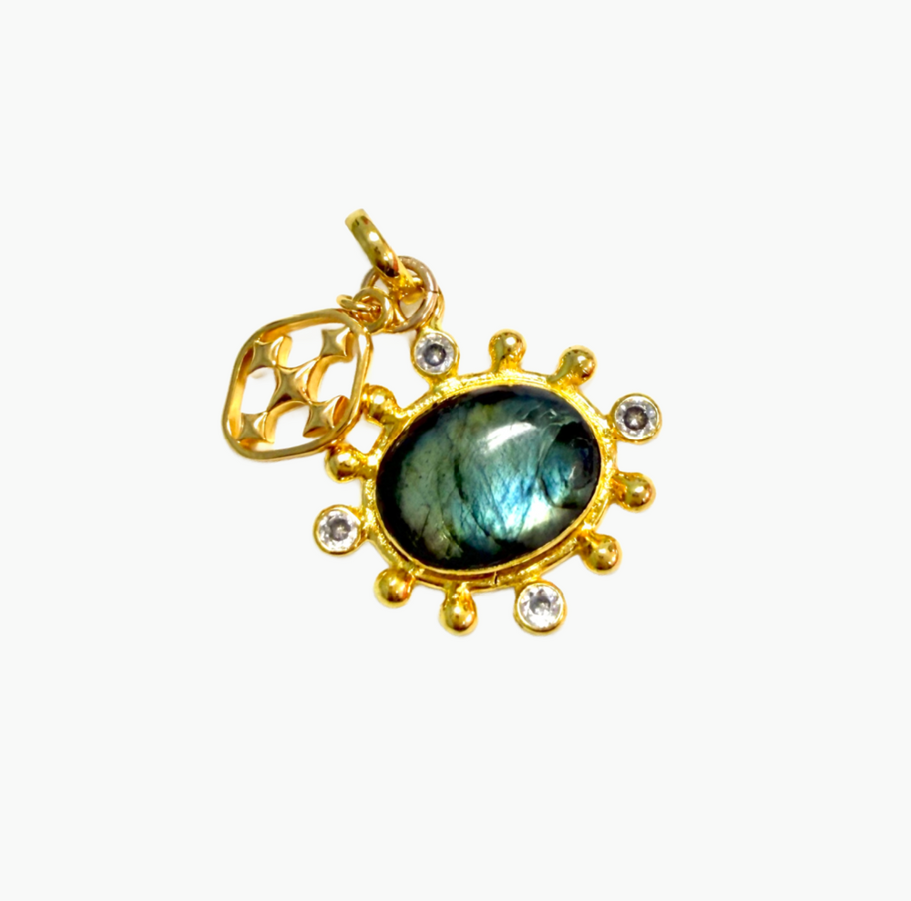 Labradorite Oval Charm with CZ and Shield