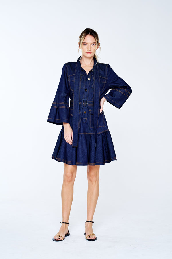 Roma Topstitched Denim Mini Dress