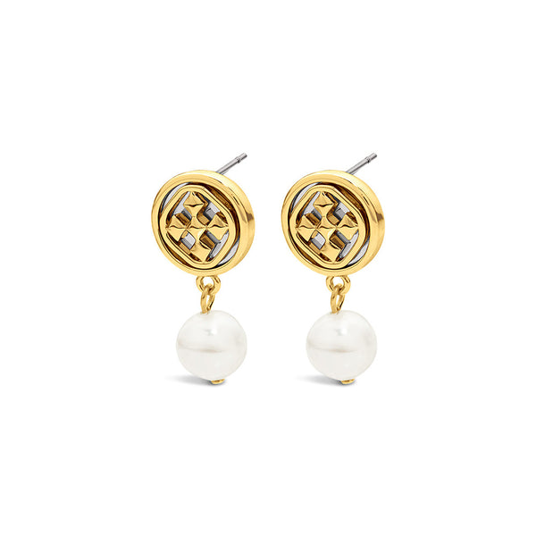 dangle medallion pearl earrings