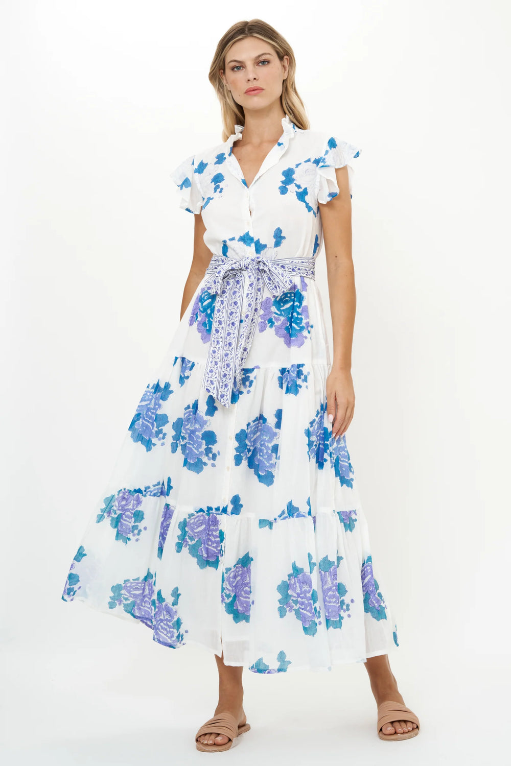 Ruffle Collar Button Maxi- Portofino Blue