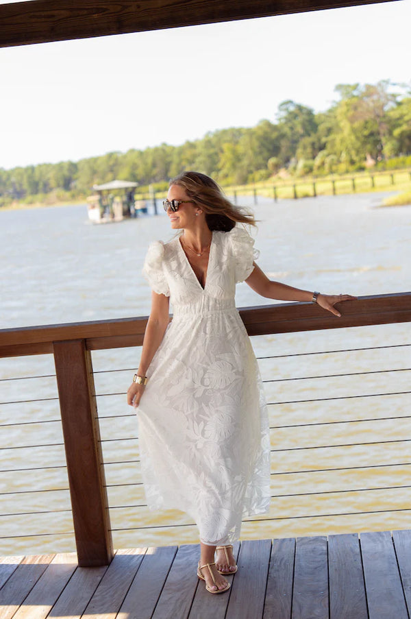 Deep V-neck Ruffle Maxi- White Palm