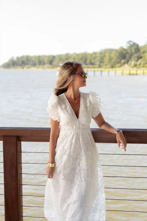Deep V-neck Ruffle Maxi- White Palm