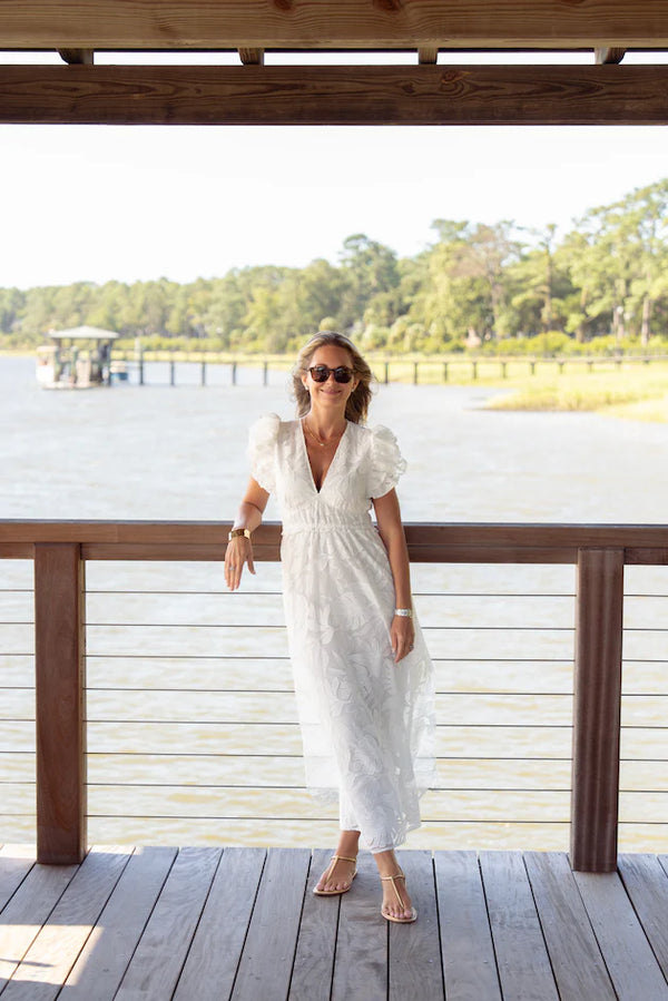 Deep V-neck Ruffle Maxi- White Palm