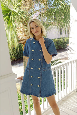 Denim Short Sleeve Button Front Dress