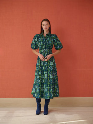 Banyan Puff Sleeve Midi Dress - Peacock Navy