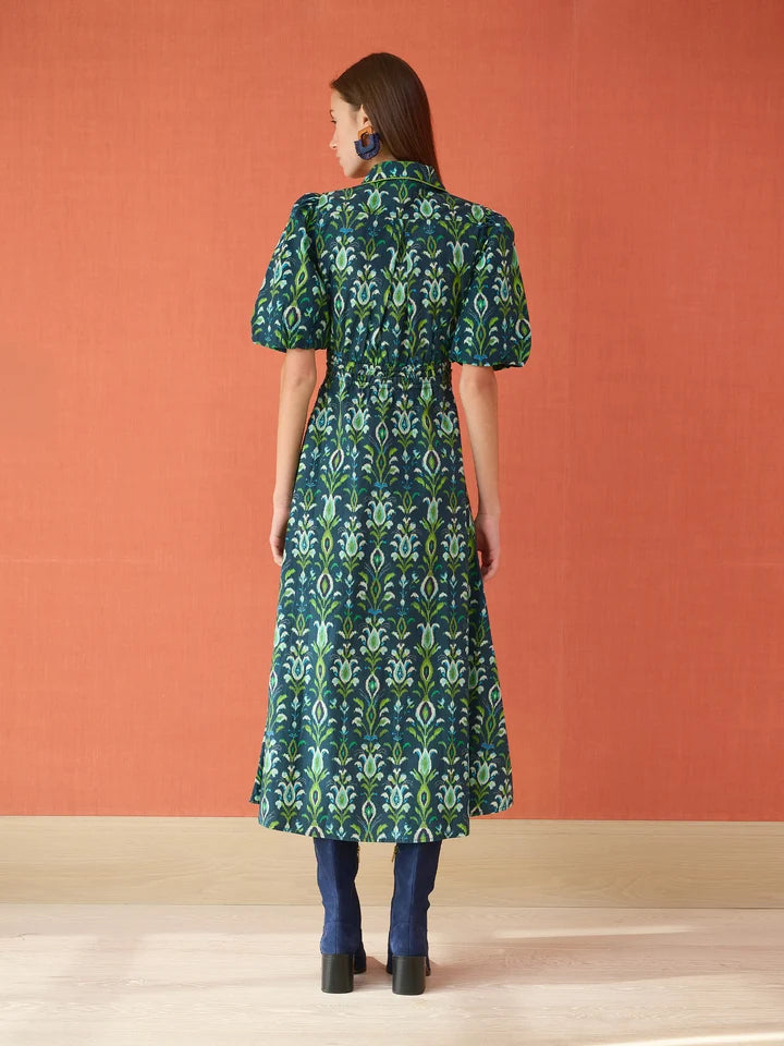Banyan Puff Sleeve Midi Dress - Peacock Navy