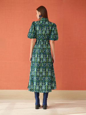 Banyan Puff Sleeve Midi Dress - Peacock Navy