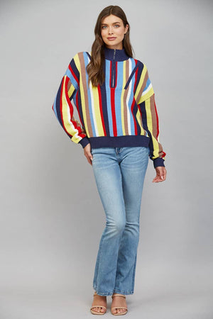 Front Zip Striped Sweater