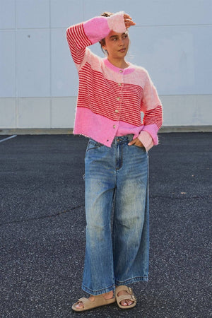 Striped Fuzzy Knit Volume Sleeve Cardigan