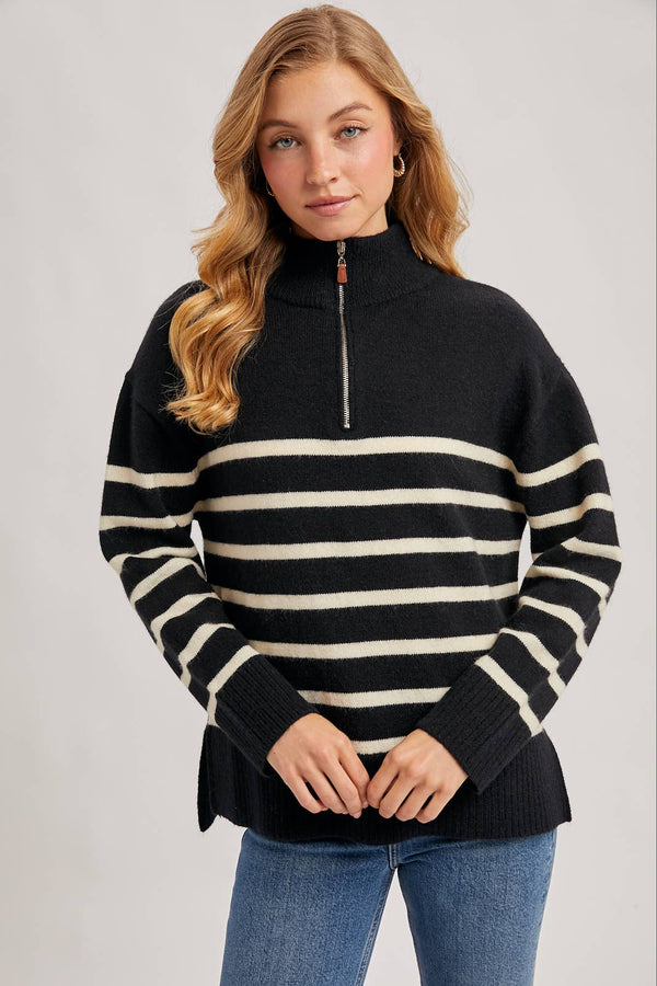 Black/White Quarter Zip UP Striped Pullover