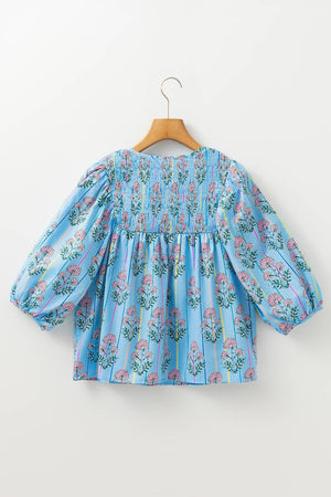 Floral Striped Print Shirred V Neck Blouse