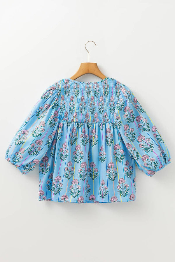 Floral Striped Print Shirred V Neck Blouse
