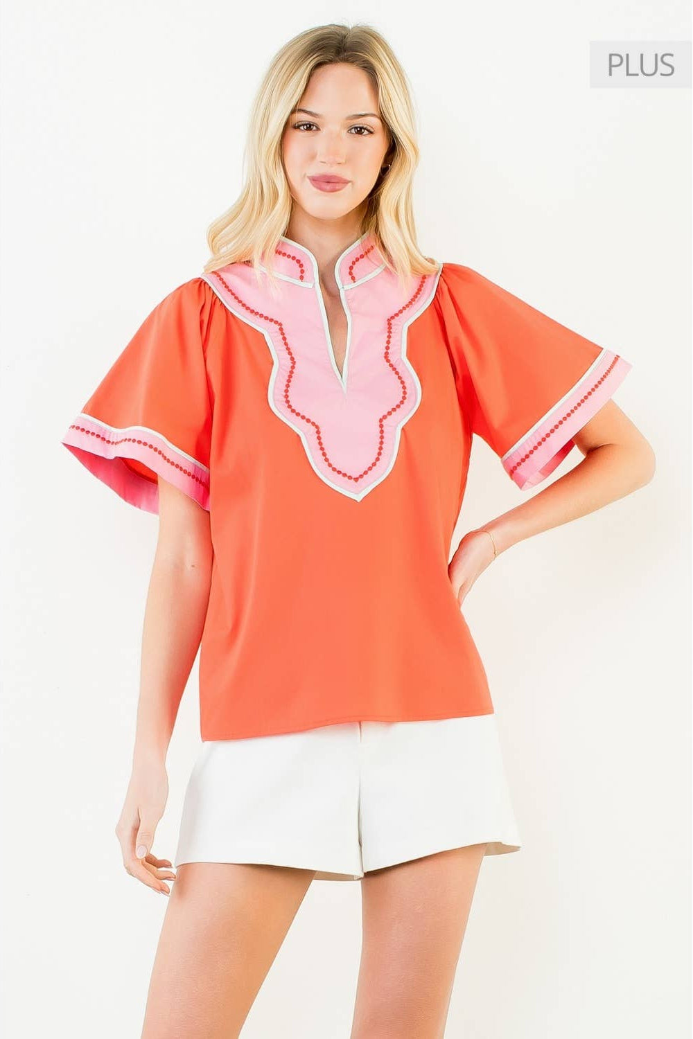 Contrast Trim Wide Sleeve V-Neck Top