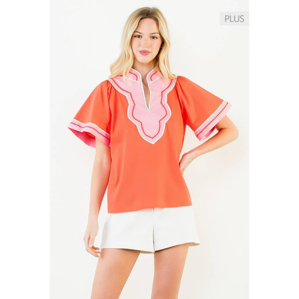 Contrast Trim Wide Sleeve V-Neck Top