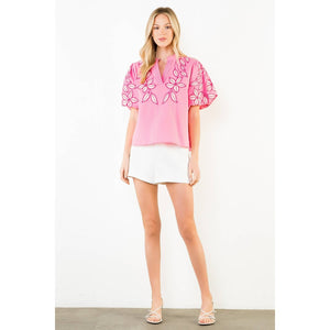 Embroidered Puff Sleeve Split Neck Top