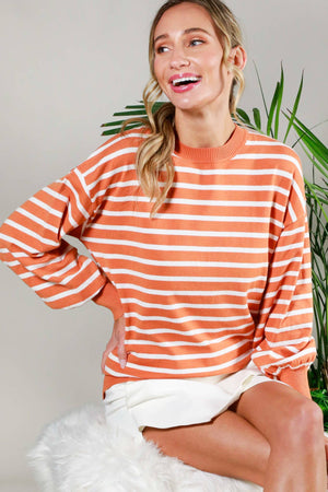 Striped Long Balloon Sleeve Knitted Sweater Top