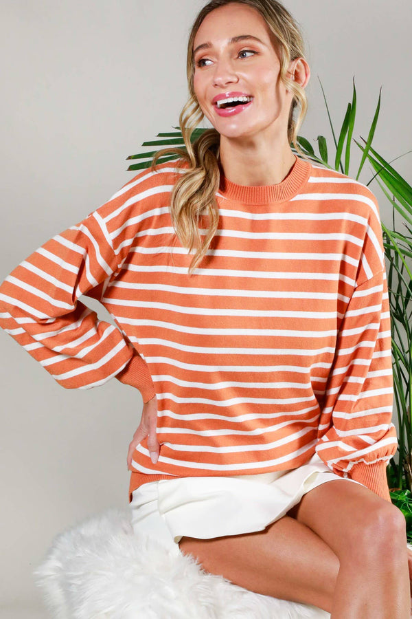 Striped Long Balloon Sleeve Knitted Sweater Top
