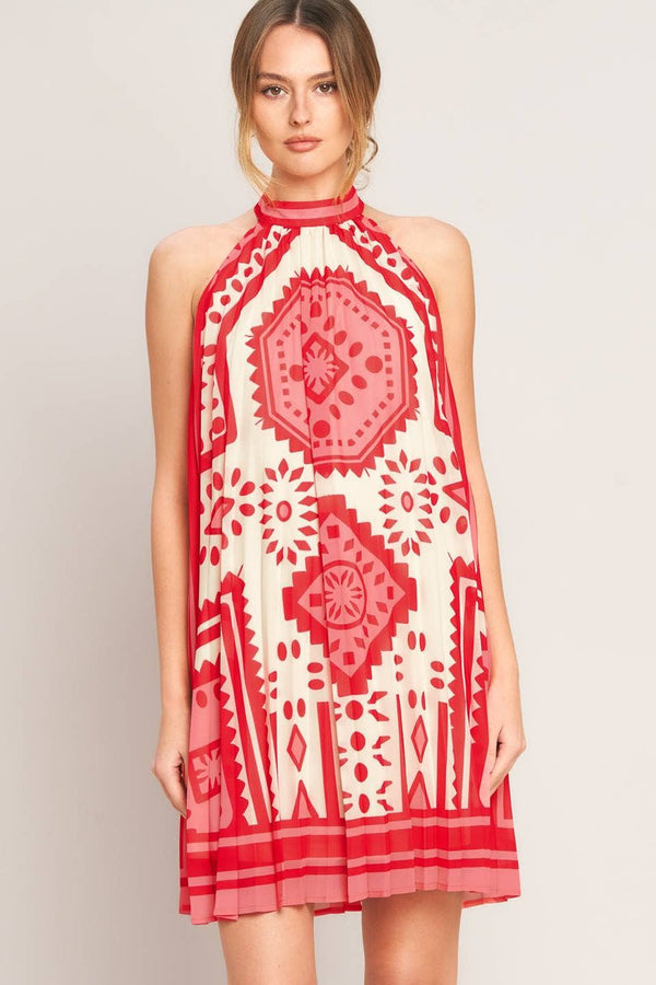 A Printed Woven Mini Dress - Pink