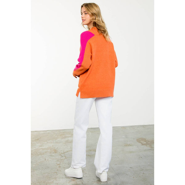 Orange/Hot Pink Colorblock Sleeve Sweater