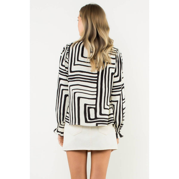 Abstract Print Long Sleeve V-Neck Top