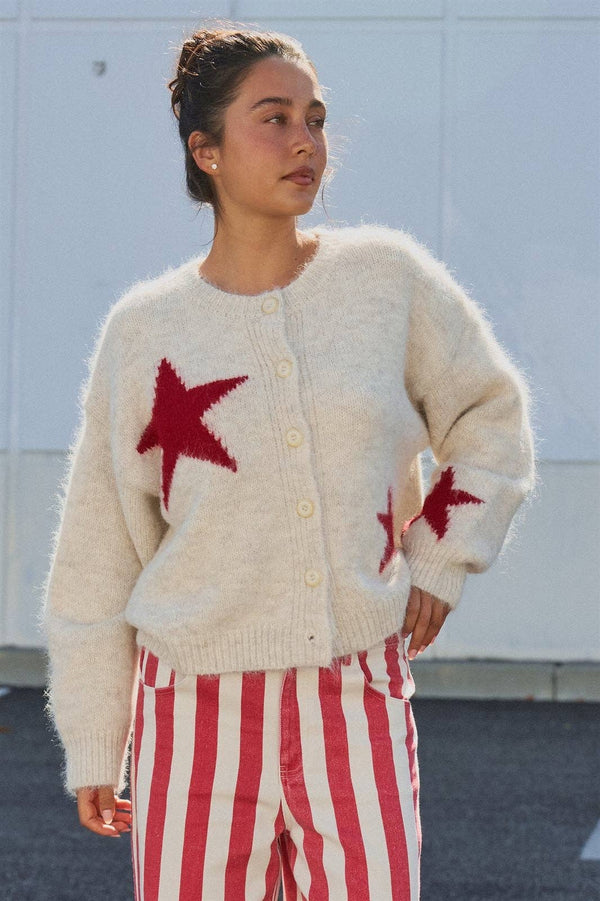 Fuzzy Star Knit Button Up Cardigan
