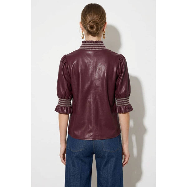 Smocking Ruffle Vegan Leather Blouse