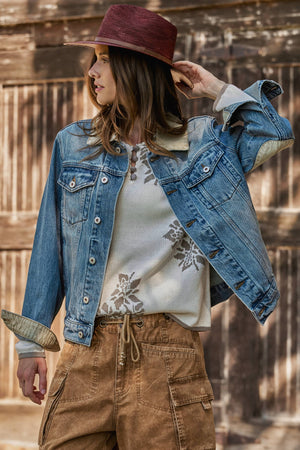 Vintage Wash Denim Jacket With Elbow Patches