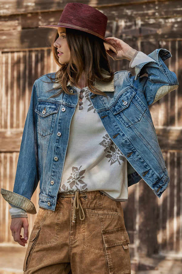 Vintage Wash Denim Jacket With Elbow Patches