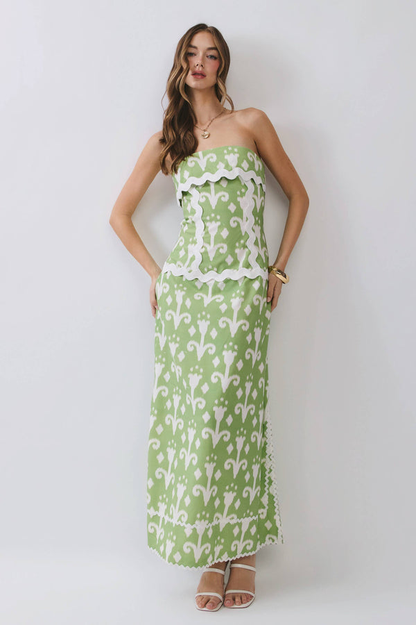 Abstract Print Ric Rac Strapless Dress