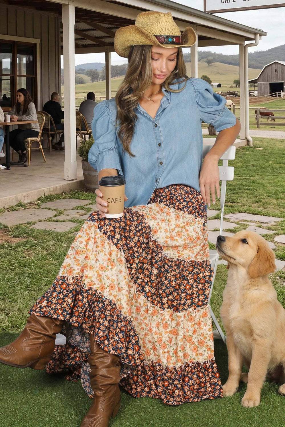 Collared Puff-Sleeve Chambray Denim