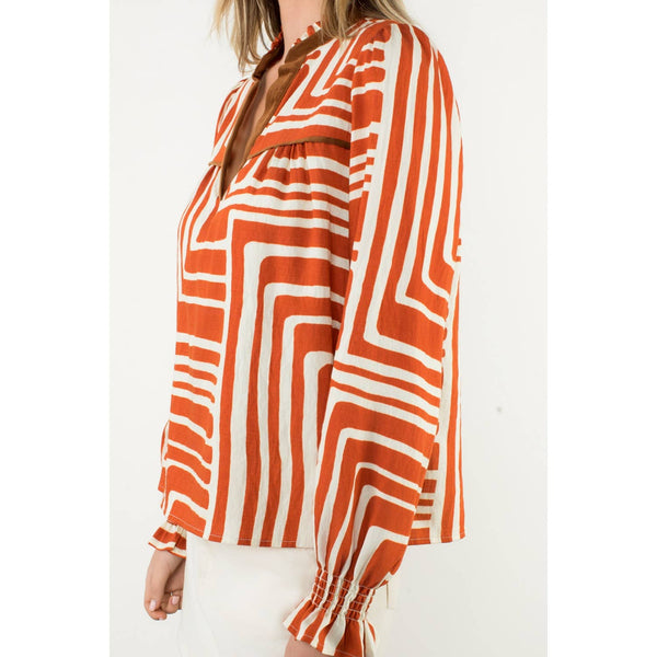 Abstract Print Long Sleeve V-Neck Top
