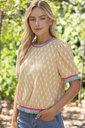 Stripe Band Detailed Geo Textured Knit Top