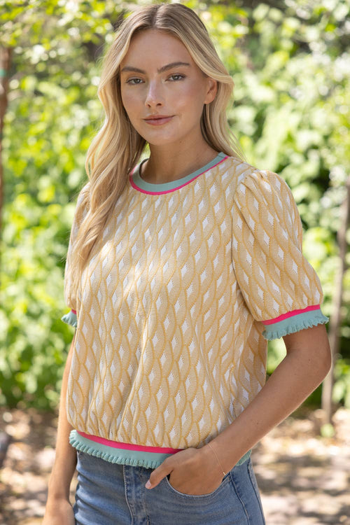 Stripe Band Detailed Geo Textured Knit Top