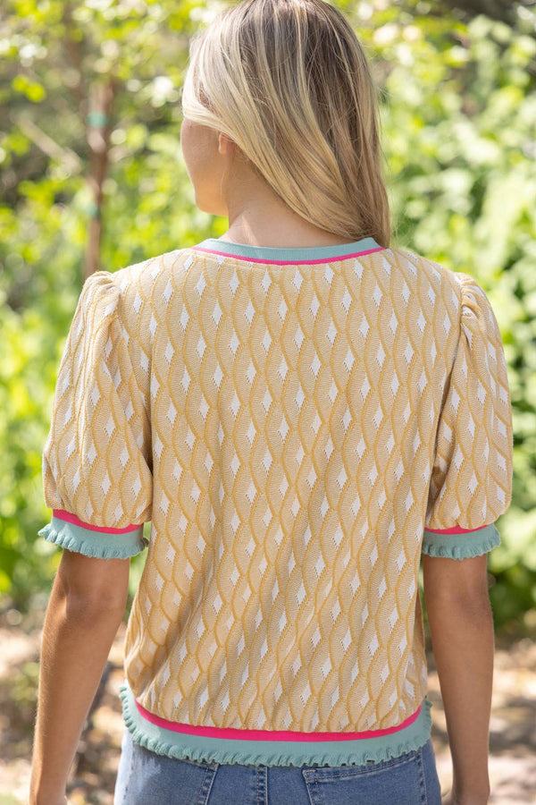 Stripe Band Detailed Geo Textured Knit Top