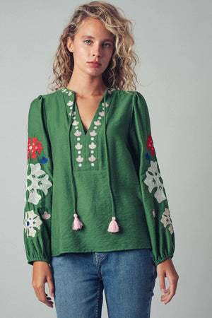 Embroidered Tassel Tie Blouse