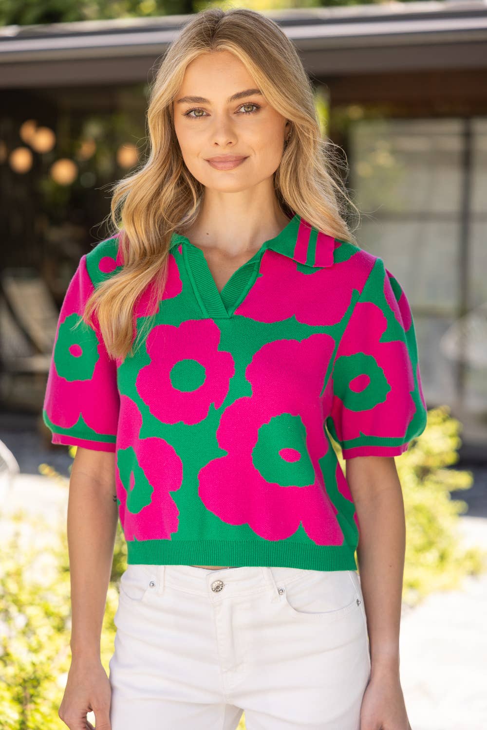 V-Collared Ribbed Floral Knit Top